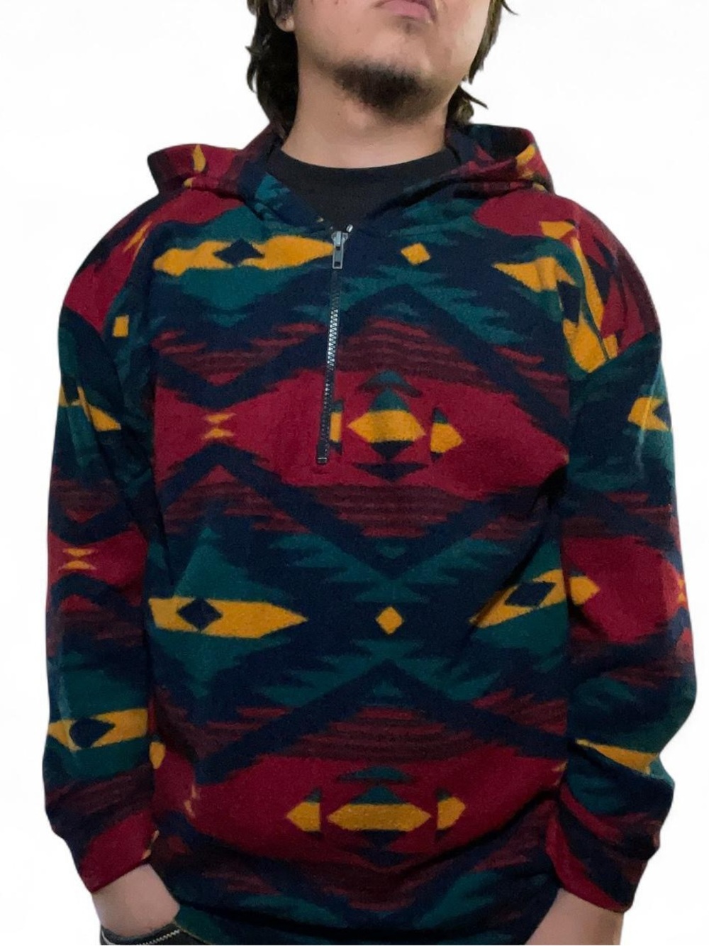 Vintage‎ Oleg Cassini Aztec Fleece Hoodie Quarter Zip Small